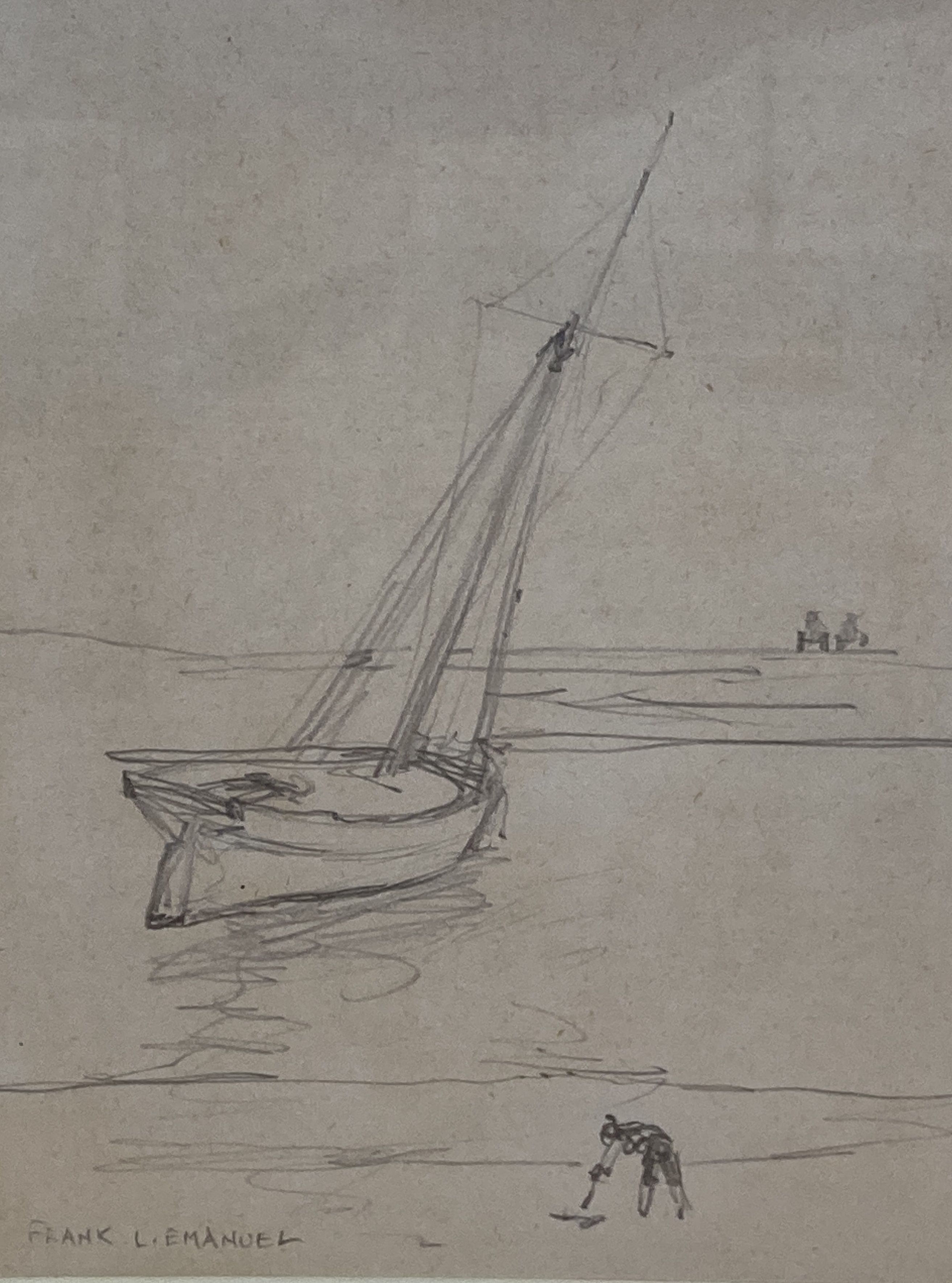 Frank Lewis Emanuel (1865-1948), pencil sketch, Beached, and a watercolour, The Barge Match, by Alan Farrell, 17 x 12cm and 25 x 36